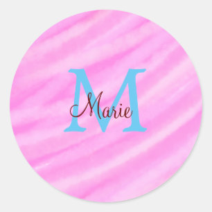 Pink watercolor pastel add title monogram letter classic round sticker