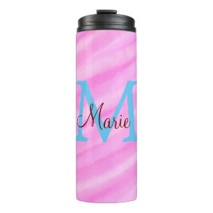 Pink watercolor pastel add title monogram letter thermal tumbler