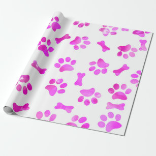 Pink Watercolor Paw Prints Birthday Wrapping Paper