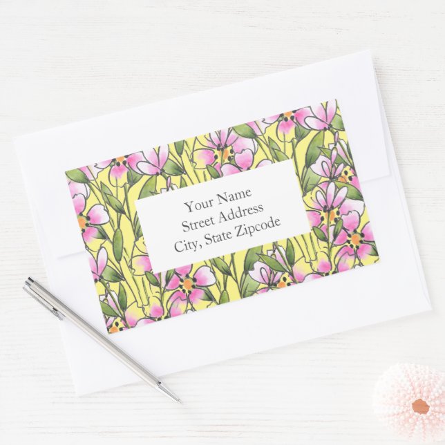 Pink Watercolor Pen Ink Floral Stem Pattern Labels (Envelope)