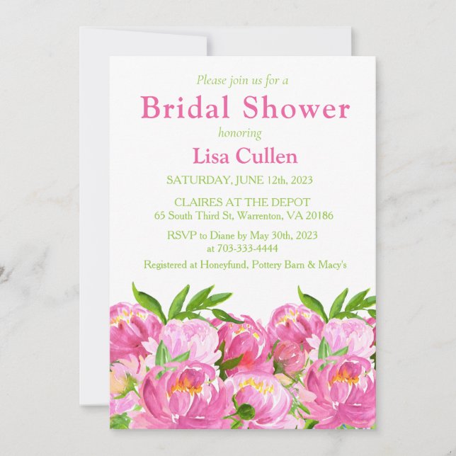 Pink Watercolor Peonies Bridal Shower Invitation (Front)