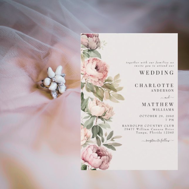 Pink Watercolor Peonies Elegant Wedding  Invitation (Creator Uploaded)