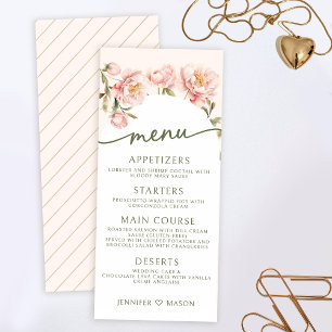 Pink watercolor peonies floral wedding menu Card