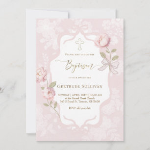 pink watercolor peonies frame Baptism Invitation