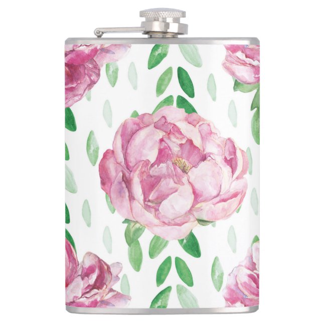 Pink  Watercolor Peonies Hip Flask (Front)