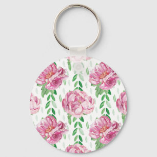 Pink  Watercolor Peonies Key Ring