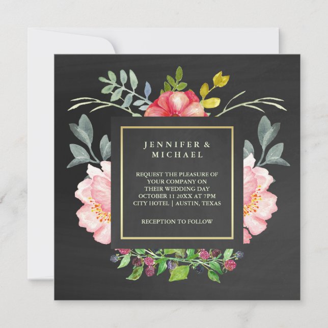 Pink Watercolor Peonies on Chalkboard Look Wedding Invitation (Front)