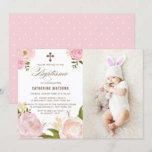 Pink Watercolor Peonies Photo Baptismo Invitation