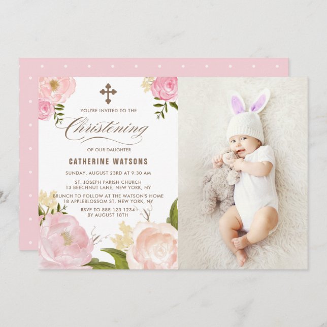 Pink Watercolor Peonies Photo Christening Invitation (Front/Back)