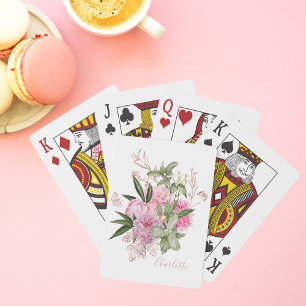 Pink Watercolor Peonies Rose Gold Butterfly Name Playing Cards