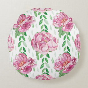 Pink Watercolor Peonies Round Cushion