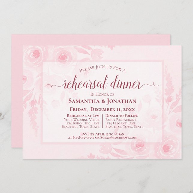 Pink Watercolor Peonies Wedding Rehearsal Dinner Invitation (Front/Back)