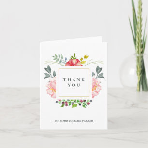 Pink Watercolor Peonies with Gold Thank You Card