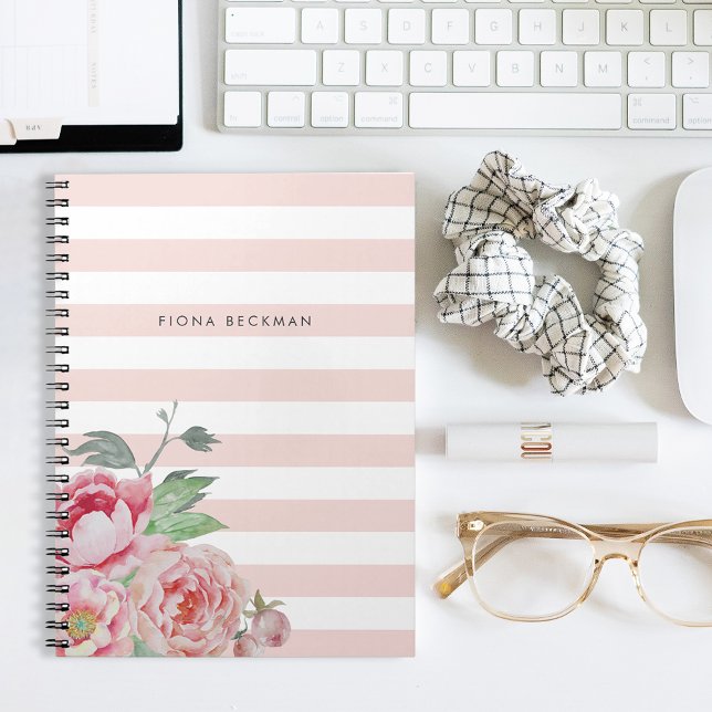 Pink Watercolor Peony & Blush Stripe Notebook (Creator Uploaded)