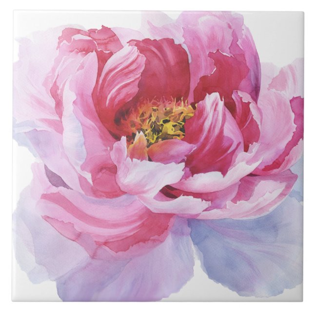 Pink Watercolor Peony Ceramic Tile (Front)
