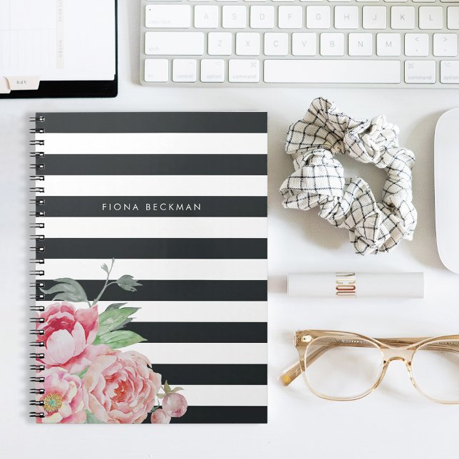 Pink Watercolor Peony & Charcoal Stripe Notebook (Creator Uploaded)