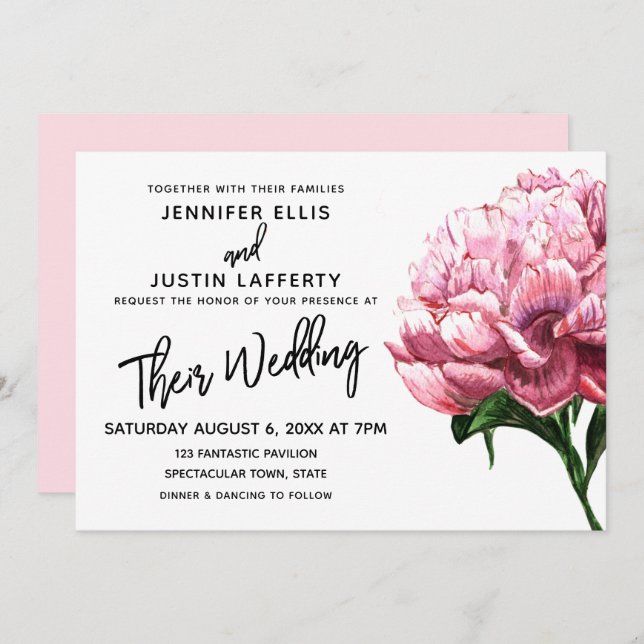 Pink Watercolor Peony Flower, Modern Wedding Invitation (Front/Back)