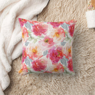 Pink Watercolor Peony Flower Pattern Cushion