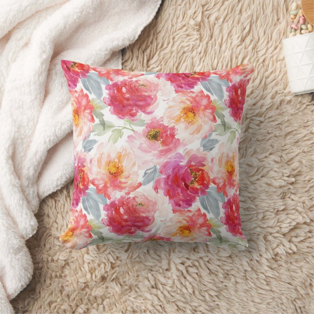 Pink Watercolor Peony Flower Pattern Cushion (Blanket)