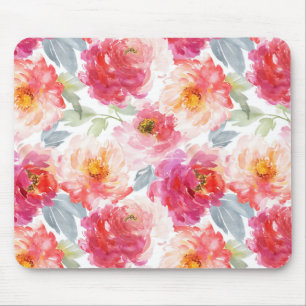 Pink Watercolor Peony Flower Pattern Mouse Pad