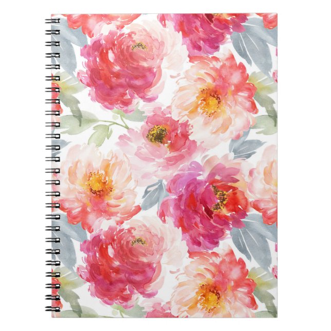 Pink Watercolor Peony Flower Pattern Notebook (Front)