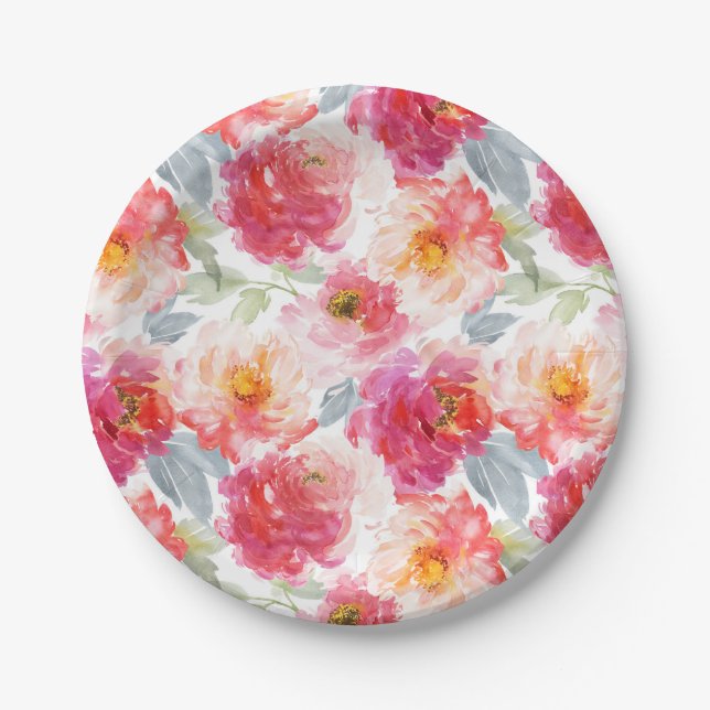 Pink Watercolor Peony Flower Pattern Paper Plate (Front)