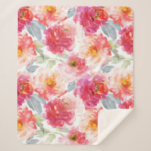 Pink Watercolor Peony Flower Pattern Sherpa Blanket