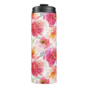 Pink Watercolor Peony Flower Pattern Thermal Tumbler