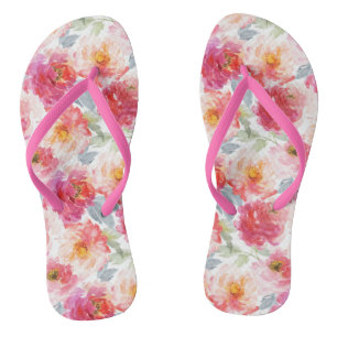 Pink Watercolor Peony Flower Pattern Thongs