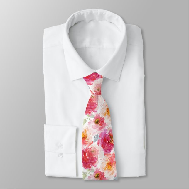 Pink Watercolor Peony Flower Pattern Tie (Tied)