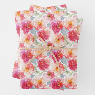 Pink Watercolor Peony Flower Pattern Wrapping Paper Sheet