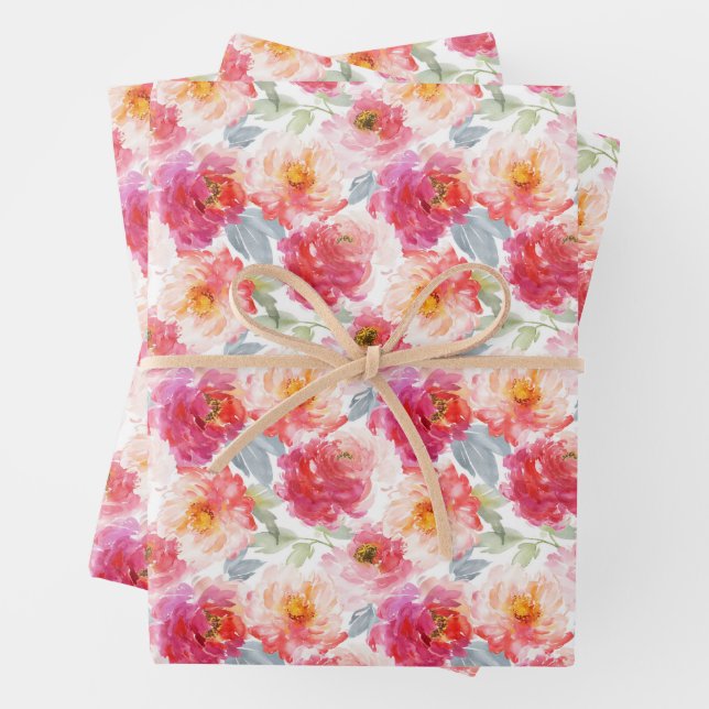 Pink Watercolor Peony Flower Pattern Wrapping Paper Sheet (In situ)