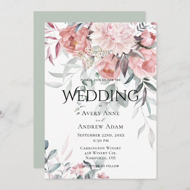 Pink Watercolor Peony Greenery Wedding Invitation (Front/Back)