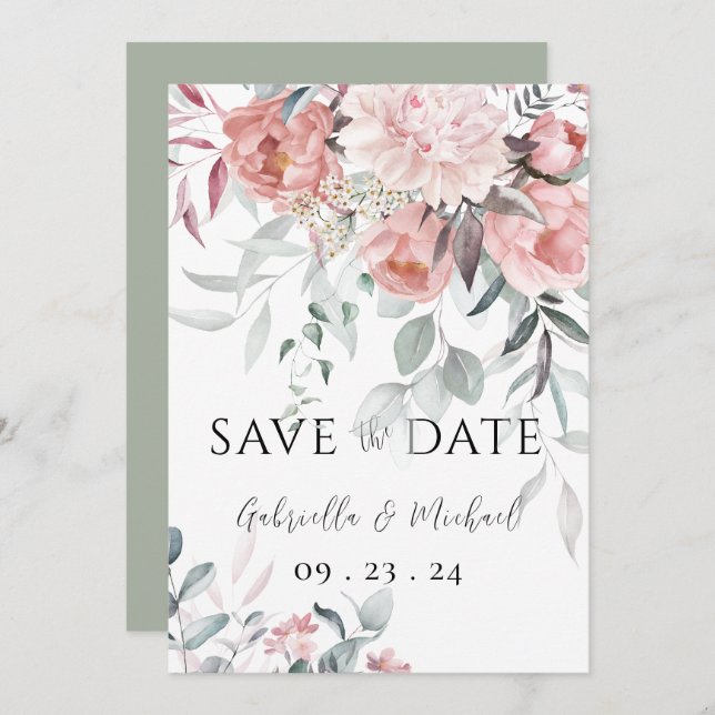 Pink Watercolor Peony Greenery Wedding Save The Date (Front/Back)