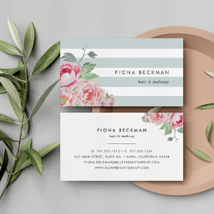 Pink Watercolor Peony & Mint Stripe Business Card