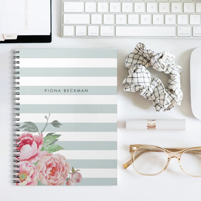 Pink Watercolor Peony & Mint Stripe Notebook (Creator Uploaded)