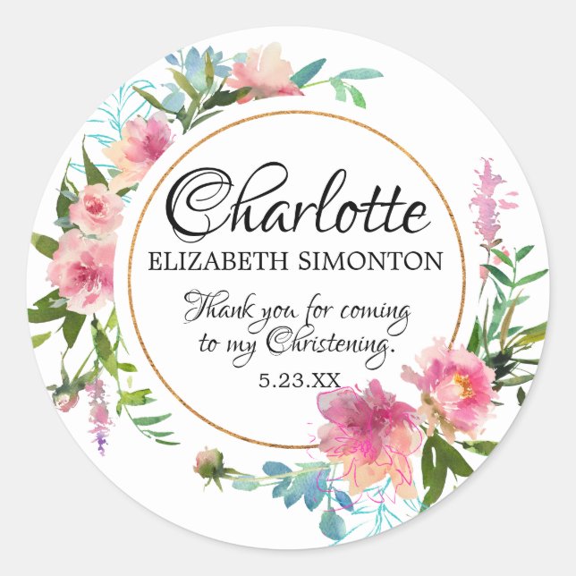 Pink Watercolor Peony Personalised Christening Classic Round Sticker (Front)