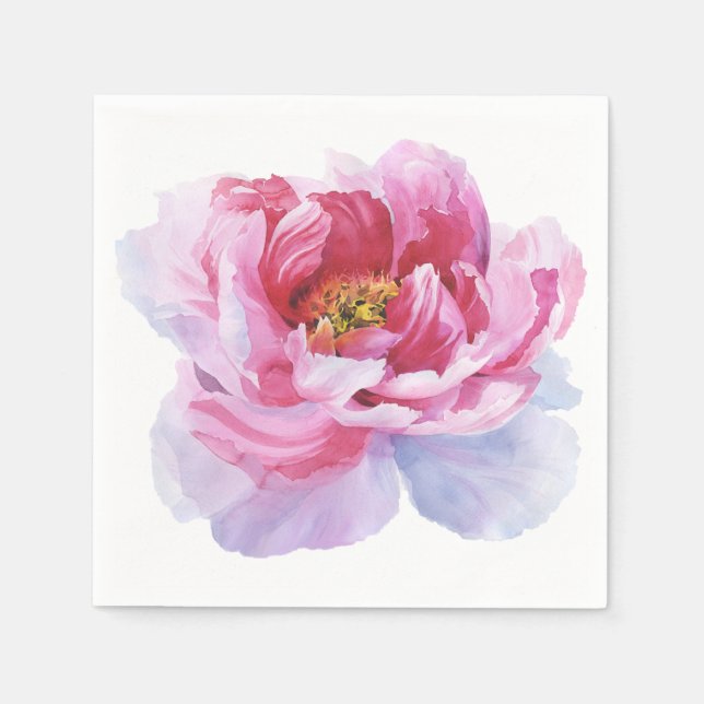 Pink Watercolor Peony White Paper Napkins (Front)