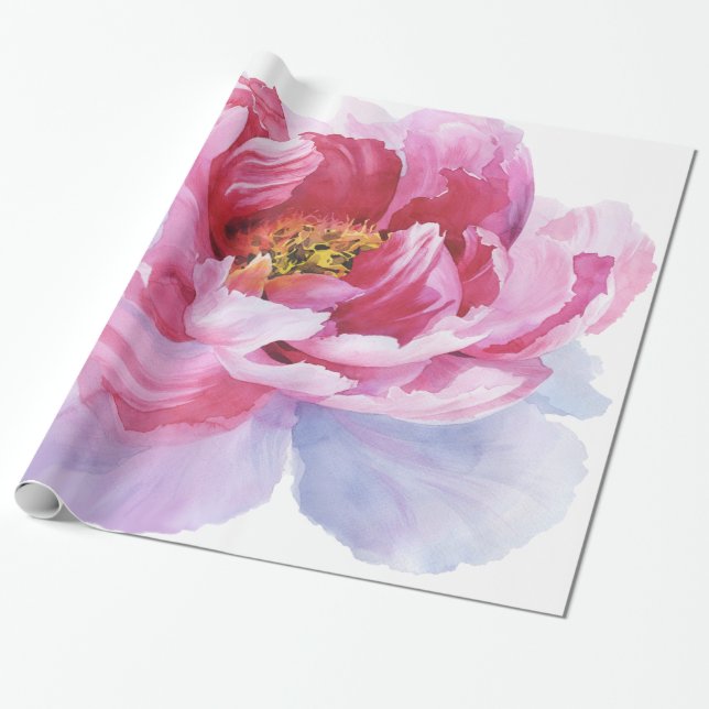 Pink Watercolor Peony Wrapping Paper (Unrolled)