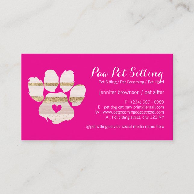 Pink Watercolor Pet Sitter Grooming Paws Business Card (Front)