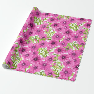 Pink watercolor petunia flower pattern wrapping paper