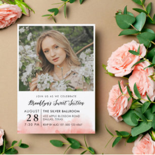Pink Watercolor Photo Sweet 16 Invitation