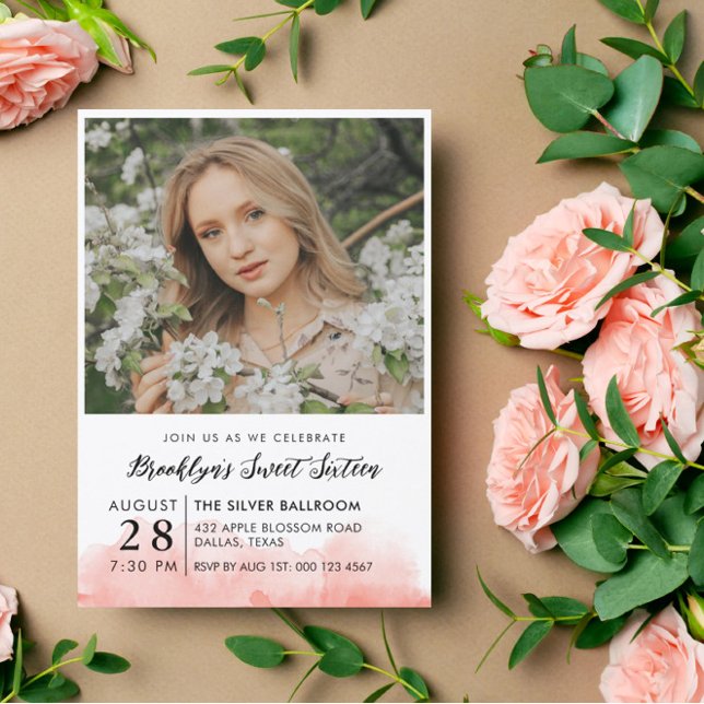Pink Watercolor Photo Sweet 16 Invitation (Creator Uploaded)