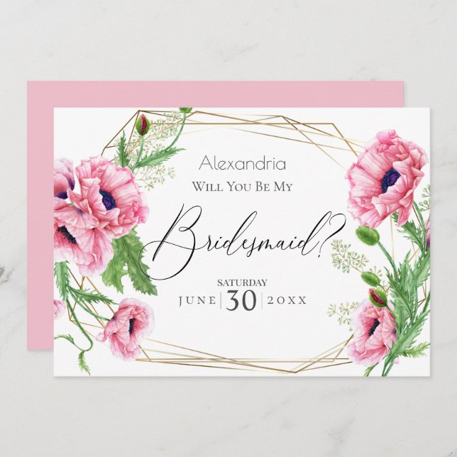 Pink Watercolor Poppies  Will You Be My Bridesmaid Invitation (Front/Back)