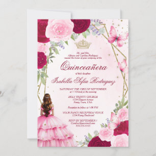 Pink Watercolor Princess Auburn Hair Quinceanera Invitation