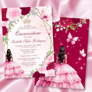 Pink Watercolor Princess Black Hair Quinceanera Invitation