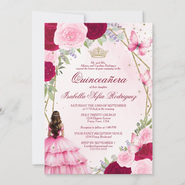Pink Watercolor Princess Brown Hair Quinceanera Invitation (Front)