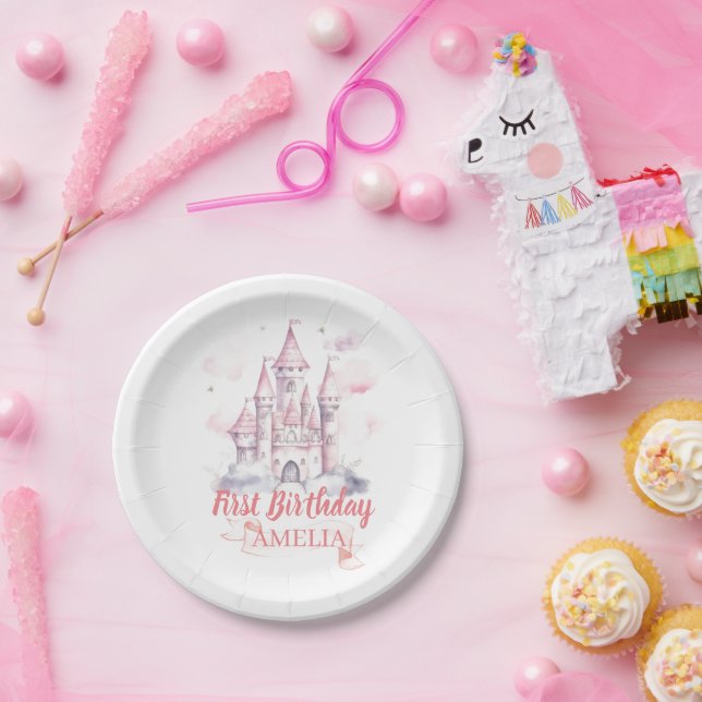 Pink Watercolor Princess Castel Paper Plate (Party)