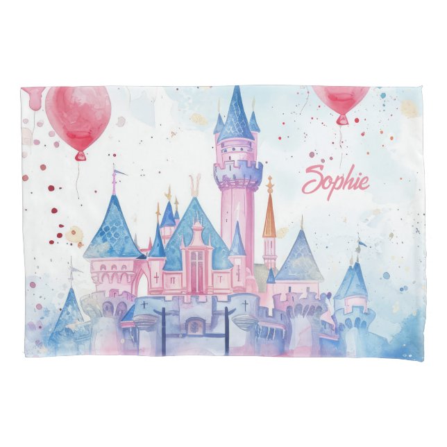Pink Watercolor Princess Castle  Pillowcase (Front)