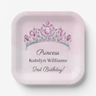Pink Watercolor Princess Personalised Birthday Paper Plate